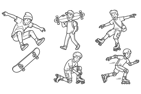 Skateboarders and rollerbladers in action a collection of line art illustrations.