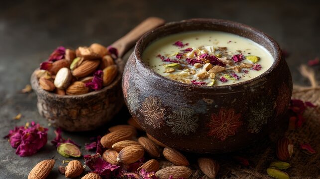 Rich thandai served in clay cup with nuts and rose petals during traditional festivities in India