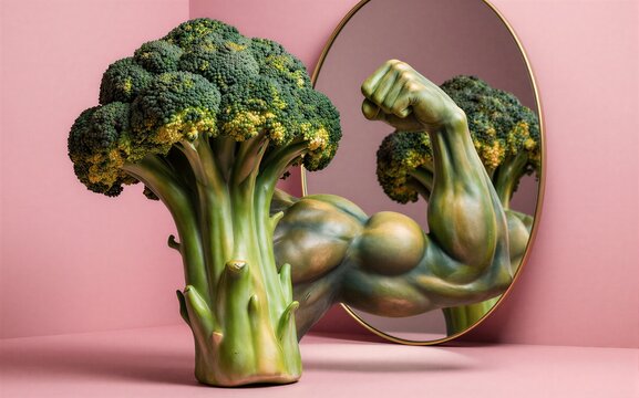 Broccoli with muscular arms flexing mirrored reflections on pink