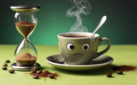 Steaming coffee cup with eyes looks sad next to hourglass and