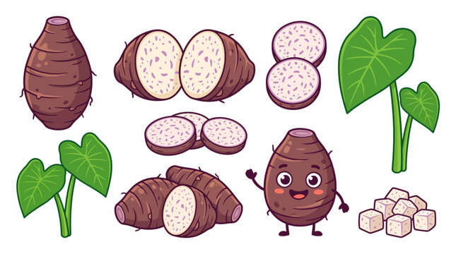 Cartoon taro root collection featuring whole tuber slices leaves and cute character mascot