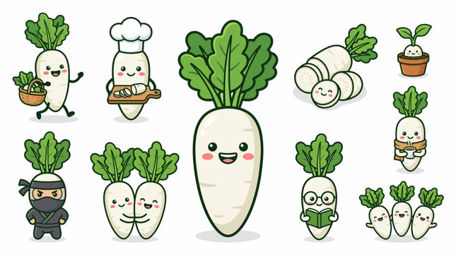 Daikon radish vector cartoon set with cute mascot characters, whole roots and slices