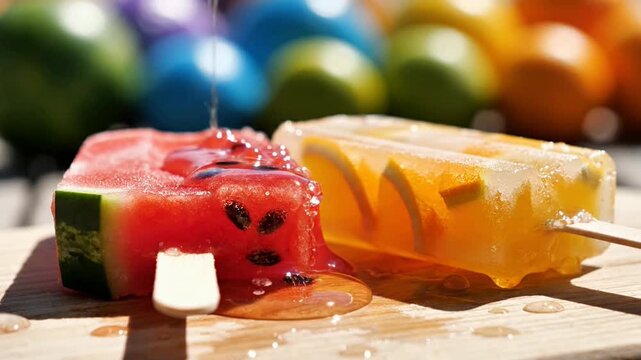 Watermelon and orange popsicles melting on wooden board