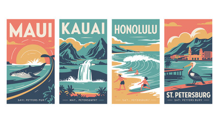 Obraz premium Vibrant travel posters showcasing beautiful destinations in Hawaii and Florida