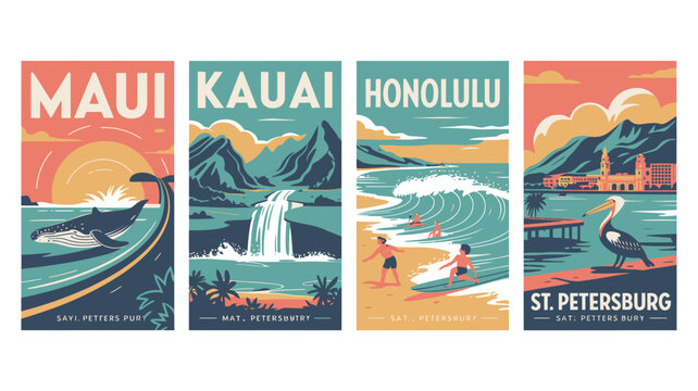 Vibrant travel posters showcasing beautiful destinations in Hawaii and Florida