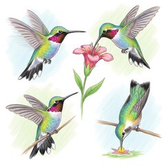 Naklejka premium Hummingbirds in Flight with Flower Illustration