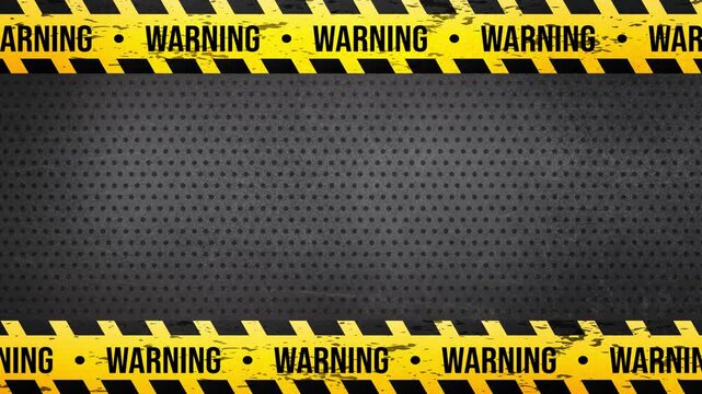 Warning text hazard tape borders top and bottom with industrial metal texture background cinematic safety frame loop Prores 4K 60fps