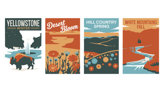 A collection of four travel posters featuring national parks and seasonal landscapes in a vintage style