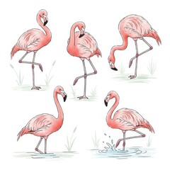 Obraz premium Flamingos in various poses on white background illustration