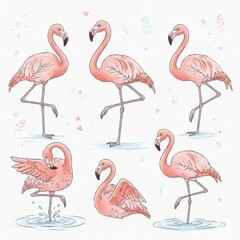 Obraz premium Flamingos in various poses on white background with water