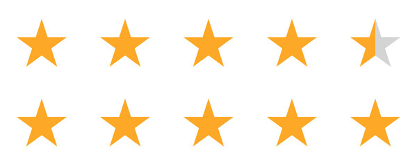 Obraz premium Golden five star rating icon set isolated on transparent background . Customer review score symbols 4.5 stars png