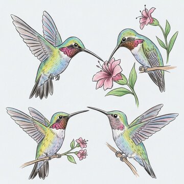 Colorful hummingbirds with flowers in flight and perched