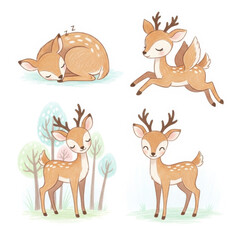 Obraz premium Adorable Deer Illustrations in Forest Setting with Trees