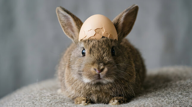 Rabbit with eggshell on head
