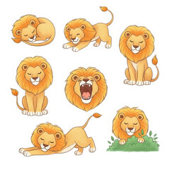 Fototapeta premium Cartoon lion illustrations in various poses and emotions