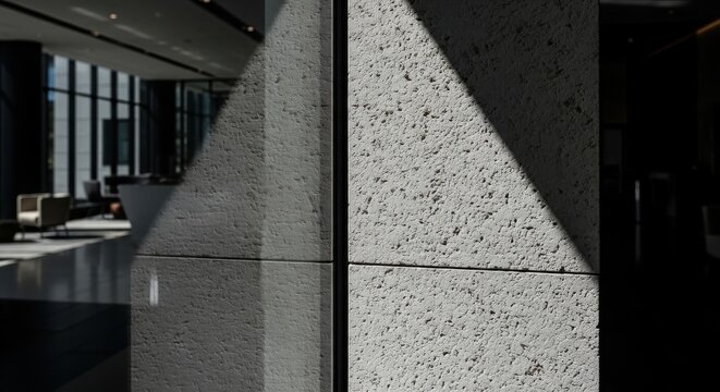 Abstract architectural shadow play highlighting textured concrete wall and reflective glass facade