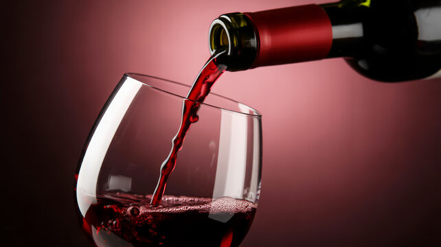 A close-up photograph of red wine being poured into a glass