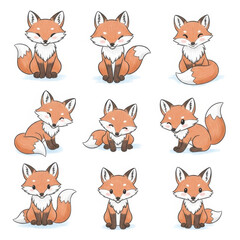 Obraz premium Cute cartoon foxes in various poses and expressions