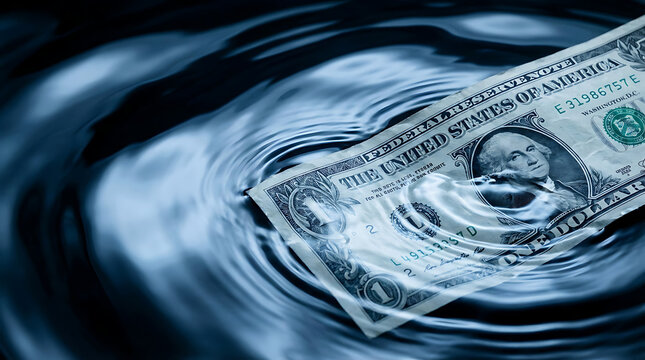 A United States dollar bill partially submerged and rippling in dark blue water
