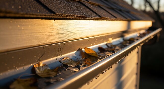 Gutter with fallen leaves and roof