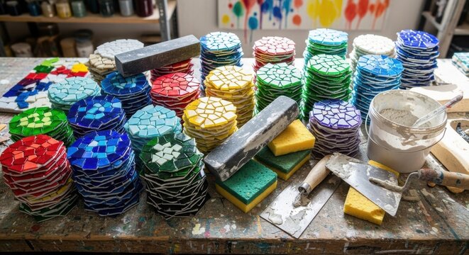 Colorful mosaic tesserae stacked with grouting tools and sponges, ready for artistic creation on a workshop table.