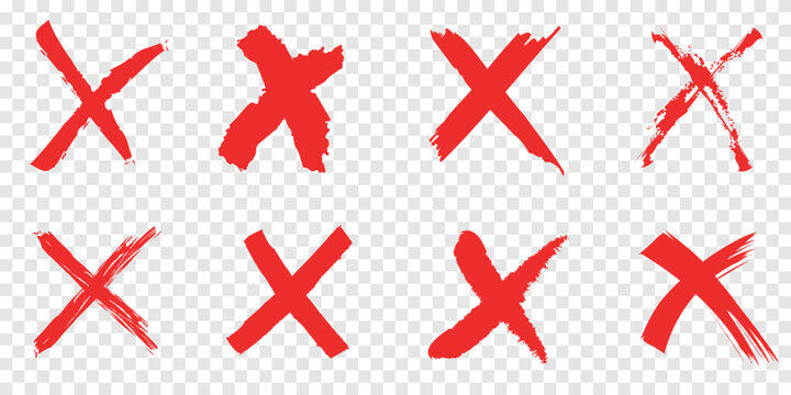Red cross marks set in grunge brush stroke style. Vector collection of hand-drawn X signs, delete symbols and wrong checkmarks with ink texture for error notification, protest posters and urban design