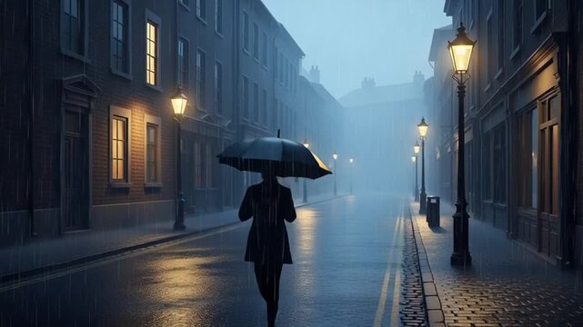 lonely woman walking with umbrella on rainy city street at night