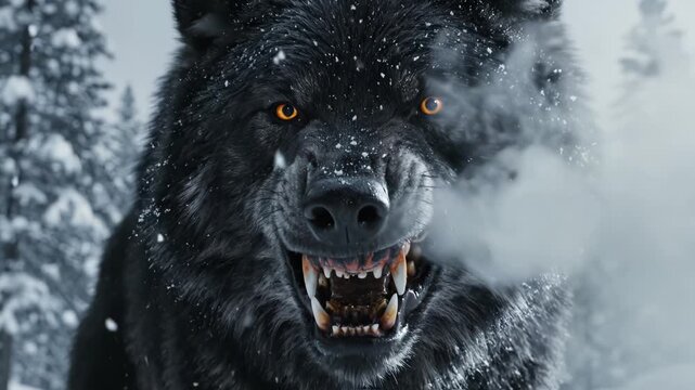 Black wolf in snowy forest for environmental projects, nature documentaries, and commercials