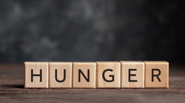 Wooden blocks spelling hunger on table surface. Minimal concept of food crisis, poverty and global issues. Clean composition with copy space. Symbolic message about hunger and social inequality
