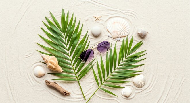 Tropical Beach Paradise Flat Lay: Sunglasses, Seashells, Palm Leaves on Sand with Zen Raked Patterns
