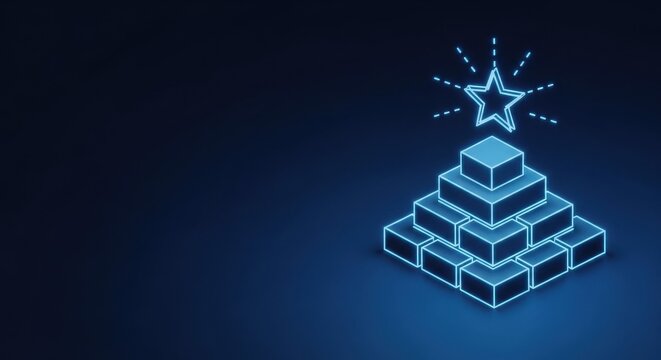Neon star crowning a glowing pyramid of success representing achievement and ambition