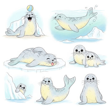 Seal illustrations in various playful happy poses and scenes