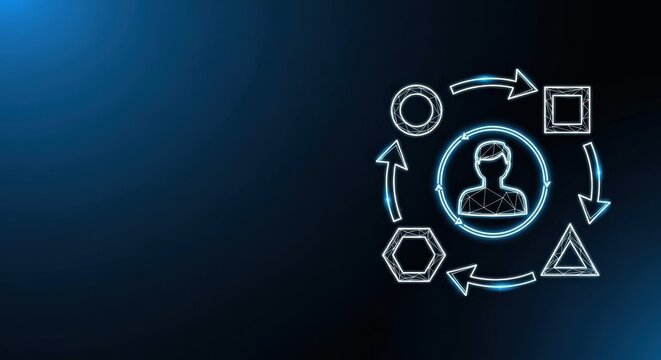 Digital network connecting human icon and geometric shapes with circular arrows on a dark blue background