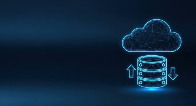 Glowing wireframe cloud symbol integrated with a stacked database and upload arrow on a dark digital background