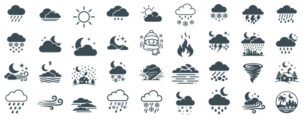 Naklejka premium Weather forecast icons set in flat silhouette style featuring various atmospheric conditions and meteorological symbols.