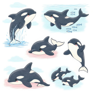 Orca Whales Swimming in Ocean Water Illustration Set