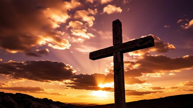Wooden cross at sunset for environmental projects, nature documentaries, and commercials