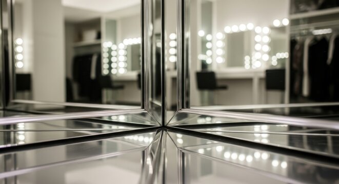 Sleek mirrored wall panels with subtle beveling and bright vanity lights reflecting.