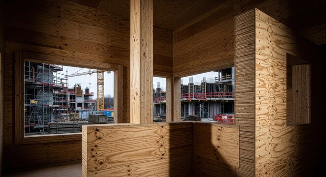 Unfinished wooden interior framework at a construction site with exterior buildings and crane visible