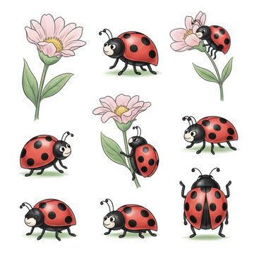 Ladybugs and flowers illustration set in cartoon style