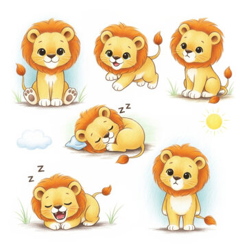 Cute cartoon lion cubs in various playful happy poses