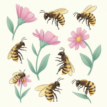 Bees flying around pink flowers in a whimsical illustration