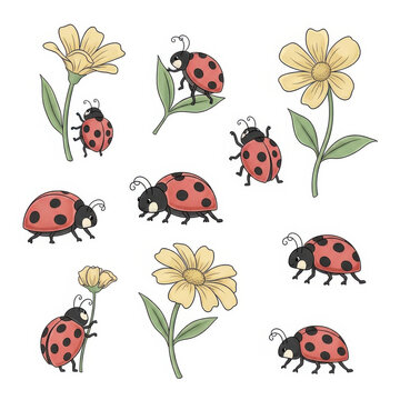 Ladybugs on Yellow Flowers Illustration
