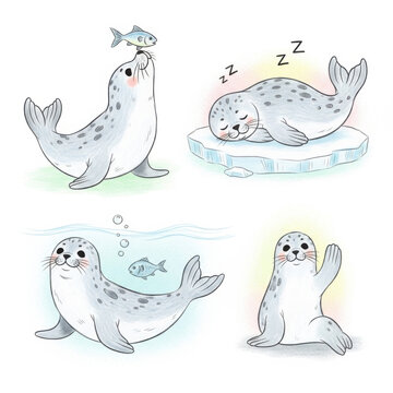 Seal illustrations in various playful and sleepy moods depicted