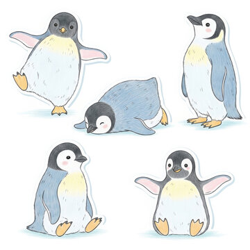 Cute Cartoon Penguins in Various Playful Poses Illustration