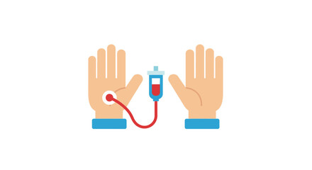 Obraz premium Blood Donation Hand Vector Illustration, Medical IV Drip Infusion Concept, Healthcare Flat Design Graphic for Hospital and Clinical Charity Campaigns