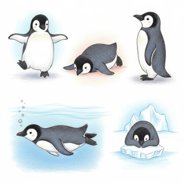 Penguins in Various Fun Actions and Poses Illustration