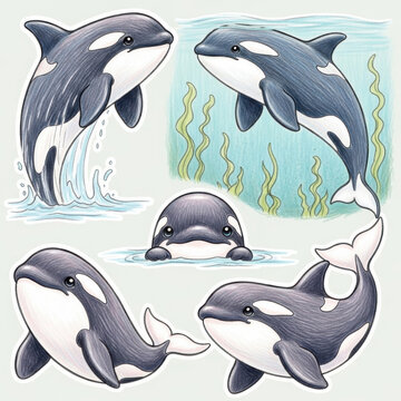 Orca Whales Swimming in Ocean Water with Seaweed