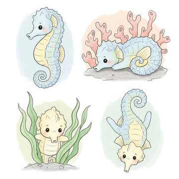 Adorable Seahorse Illustrations in Pastel Colors