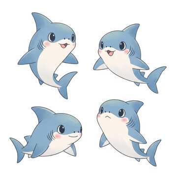Cute cartoon sharks with happy and sad expressions